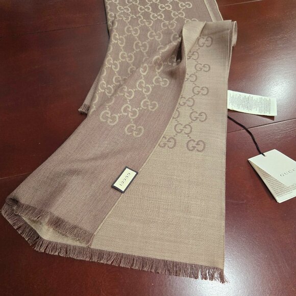 GUCCI GG Jacquard Wool/Silk Scarf - Brown - Picture 7 of 7